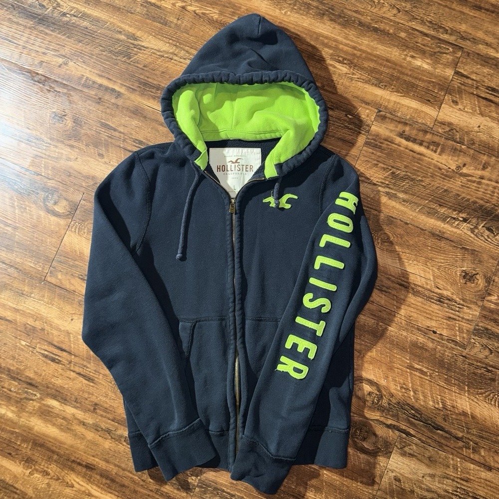 Y2K Hollister Men's Large Black Green Full Zip Hoodie Seagull Logo‎